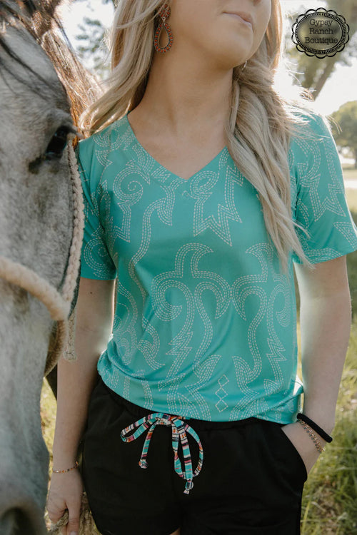Turquoise Boot Stitch Short Sleeve Mesh Top main image 1