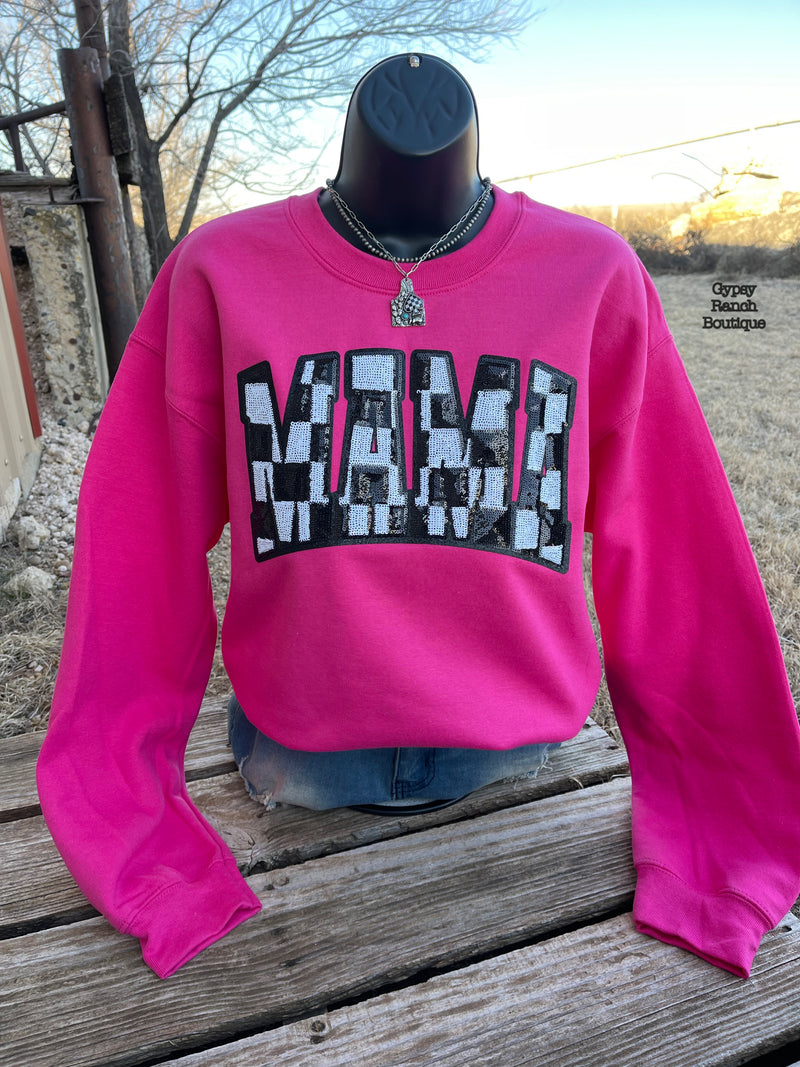 MAMA Checkered Sequin Hot Pink Sweatshirt - Also in Plus Size
