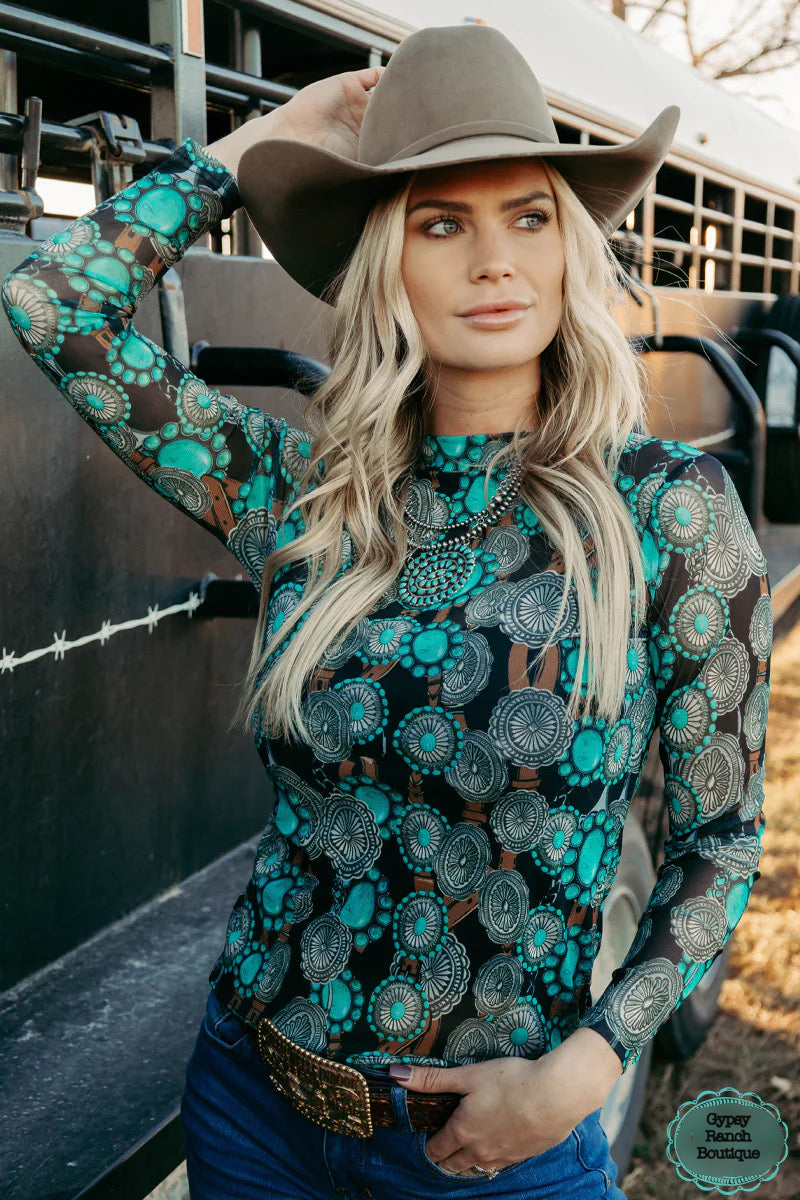 Turquoise Concho Queen Mesh Layering Top - Also in Plus Size