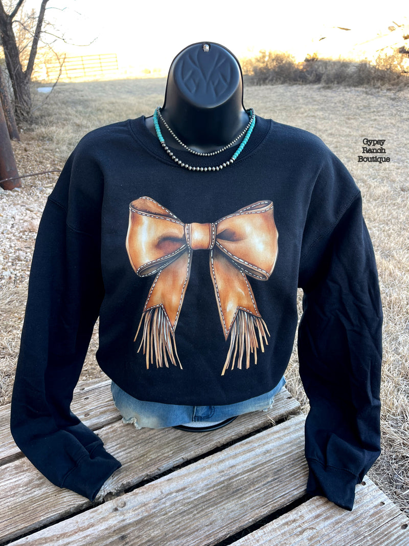 Leather & Fringe Bow Sweatshirt - Also in Plus Size
