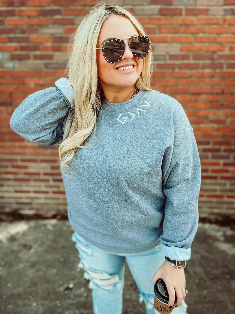 God is Greater Than the Highs & Lows Embroidered Sweatshirt - Also in Plus Size