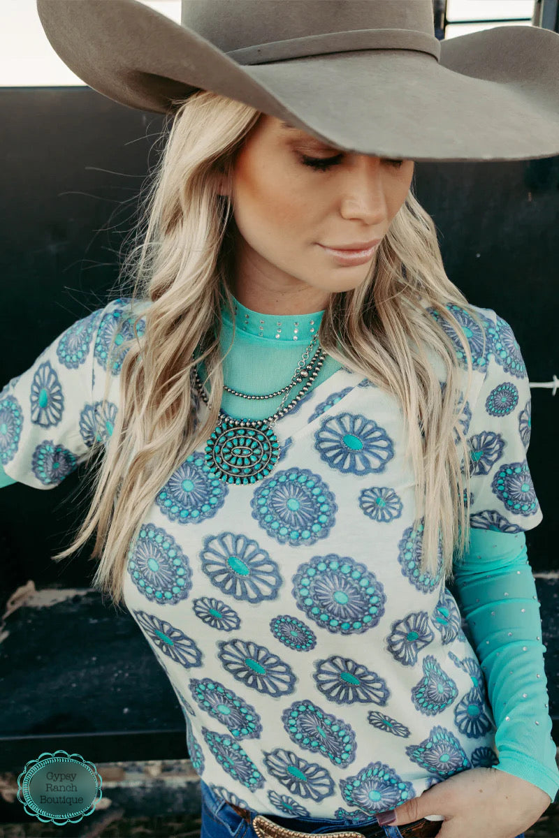 Turquoise Rhinestone Mesh Layering Top