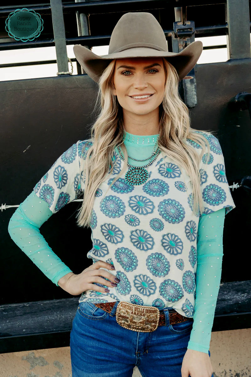 Turquoise Rhinestone Mesh Layering Top