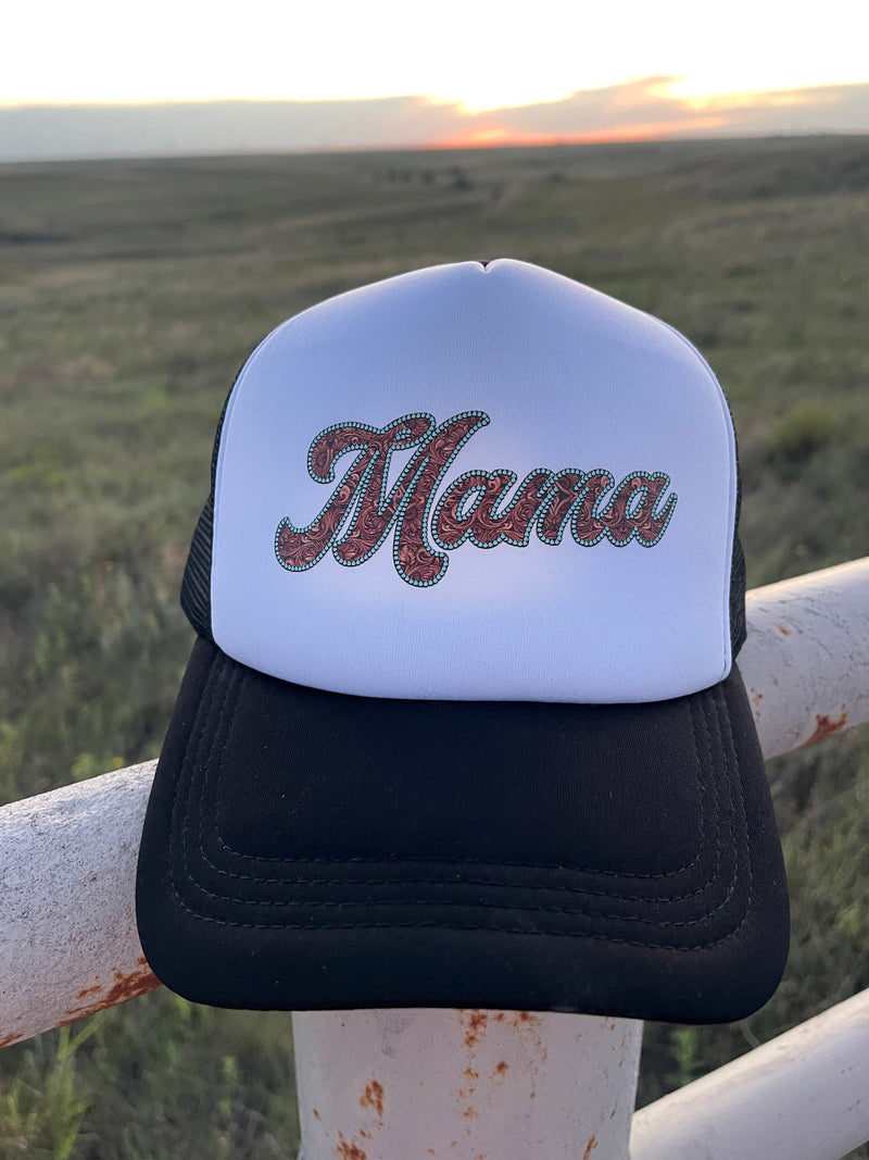 MAMA Tooled Leather & Turquoise Print Trucker Caps