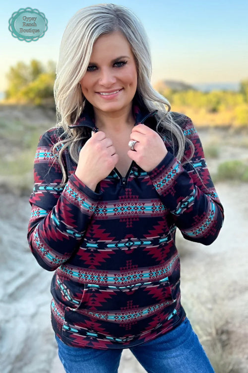 Crimson Valley Turquoise Aztec Pullover - Also in Plus Size