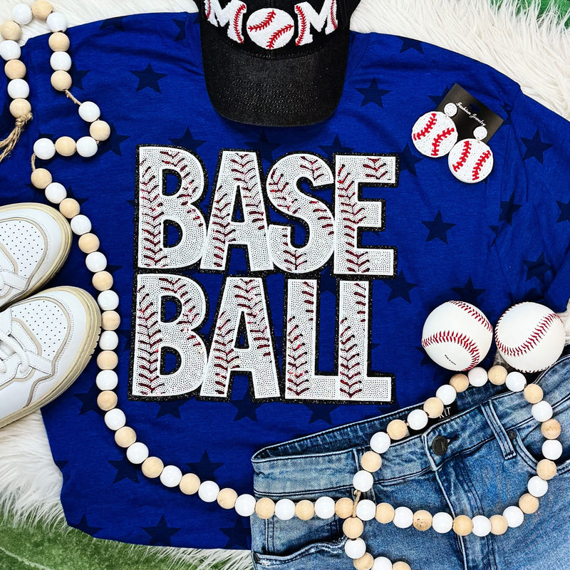 BASEBALL Sequin Patch on Blue Star Tee - Also in Plus