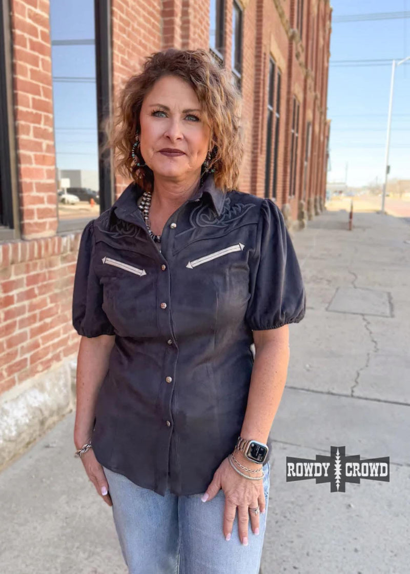The Statler Charcoal Boot Stitch Turquoise Pearl Snap Button Up Top - Also in Plus Size