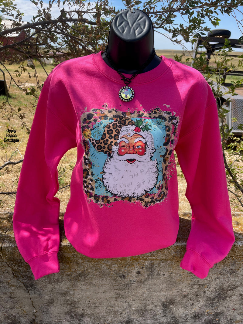Rockin Leopard Santa on Hot Pink Sweatshirt - Also in Plus Size