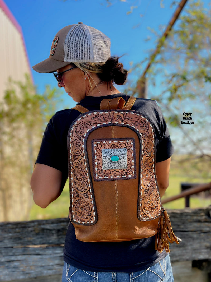 Bar S Tooled Leather Turquoise Backpack Purse