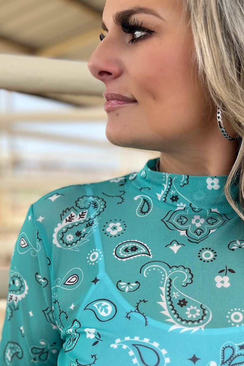 Turquoise Bandana Mesh Layering Top - Also in Plus Size