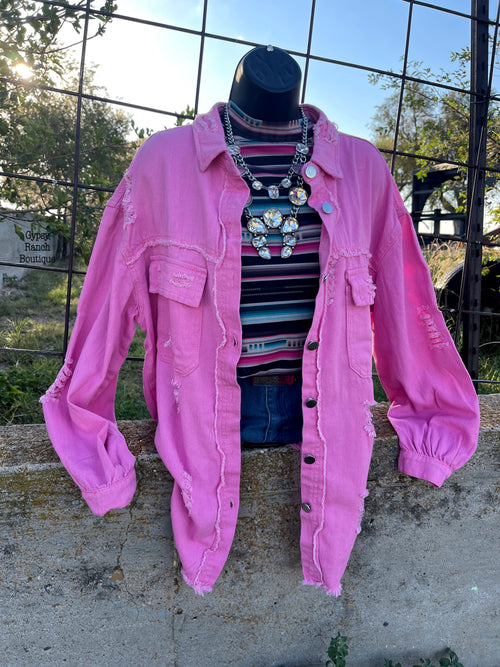 Hensley Pink Distressed Shacket - Also in Plus Size