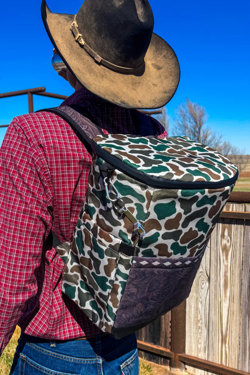 Camo & Leather Backpack Cooler