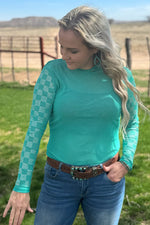 Turquoise She Fancy Rhinestone Checkered Mesh Layering Top