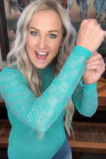 Turquoise She Fancy Rhinestone Checkered Mesh Layering Top