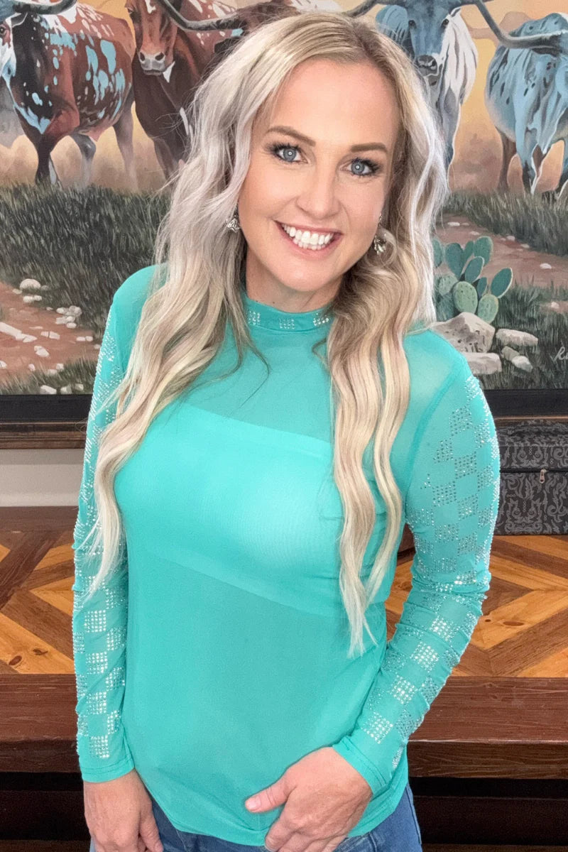 Turquoise She Fancy Rhinestone Checkered Mesh Layering Top