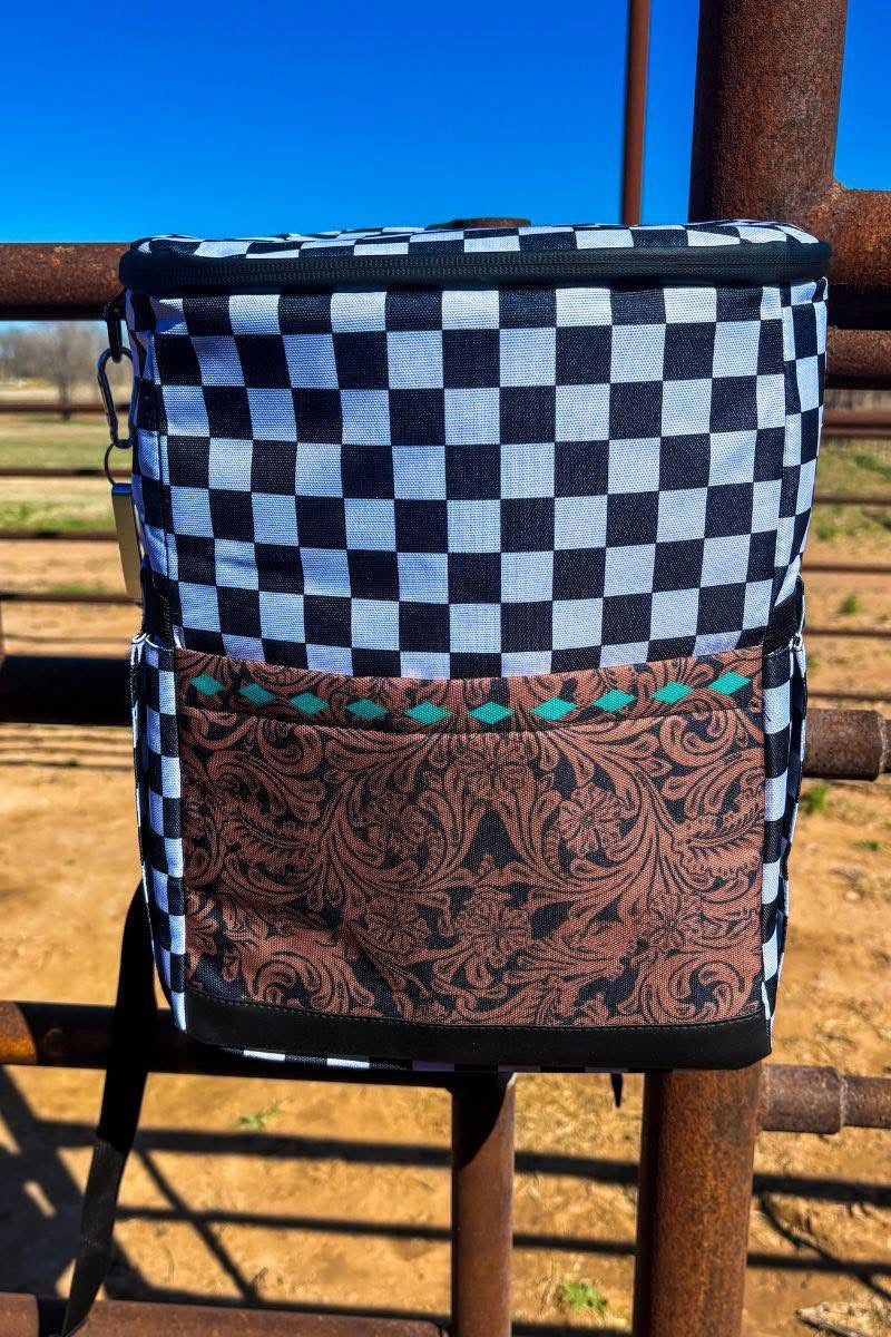 Checkered & Tooled Leather Backpack Cooler