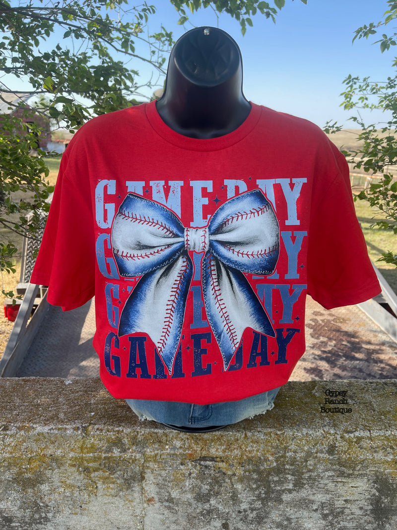 Game Day Stacked Baseball Bow Tee - Also in Plus Size