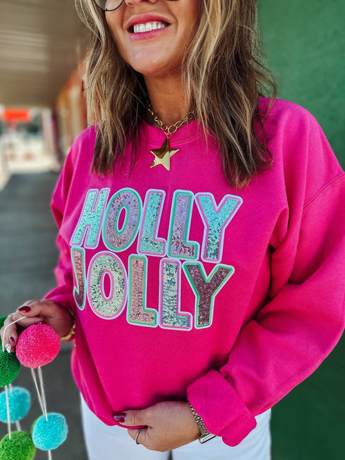 Holly Jolly Sequin Pink Sweatshirt - Also in Plus Size