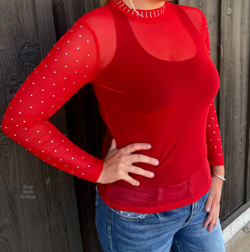 Rally Red with Rhinestone Mesh Layering Top