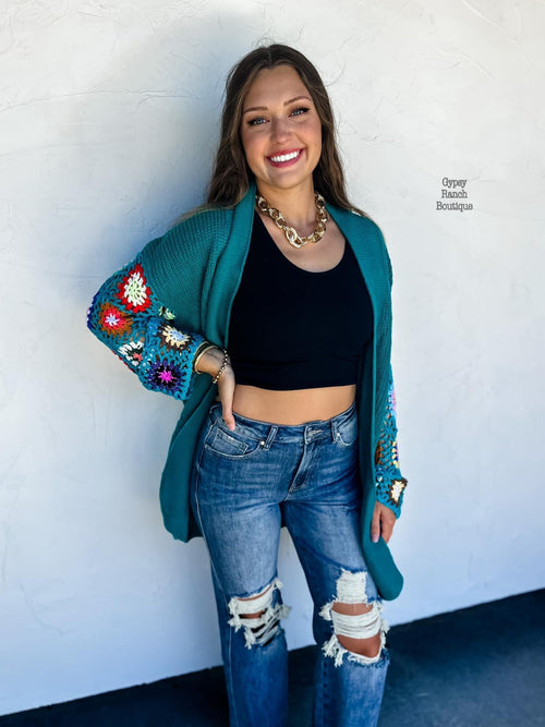 Tinsley Teal Crochet Cardigan - Also in Plus Size