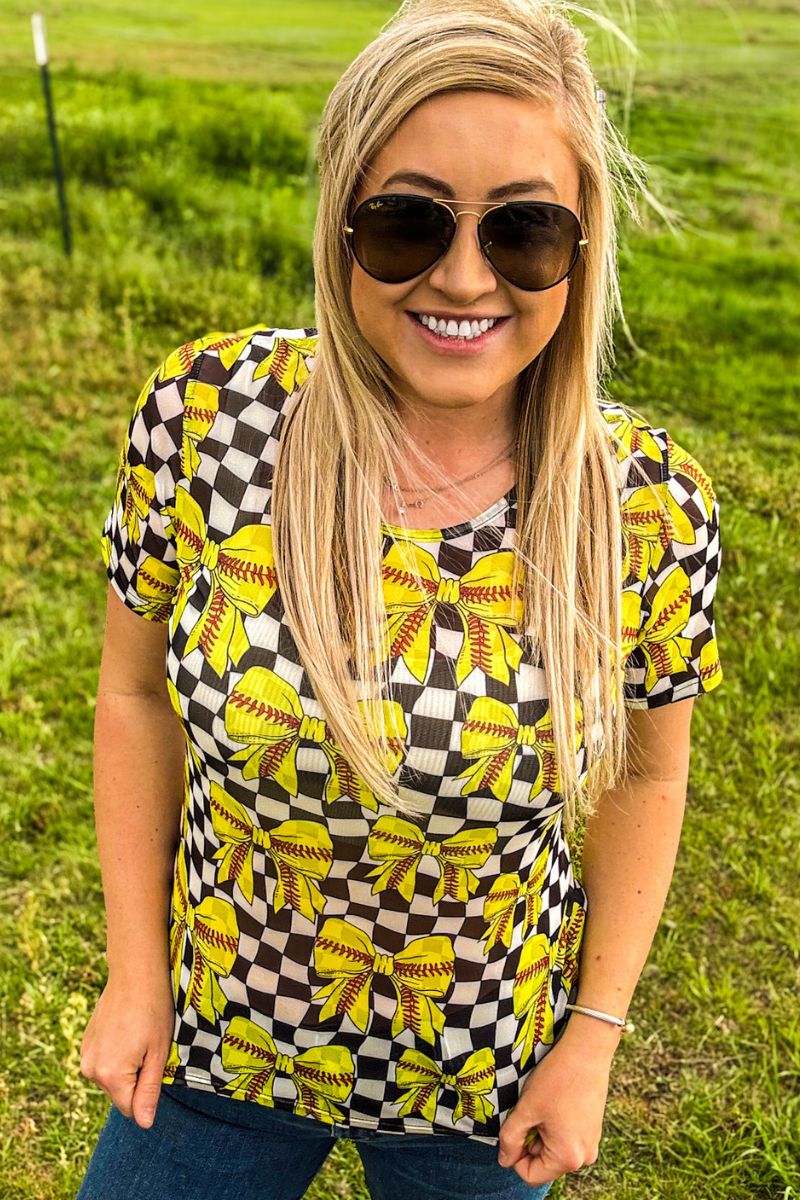 Softball Bow Short Sleeve Mesh Layering Top - Also in Plus Size