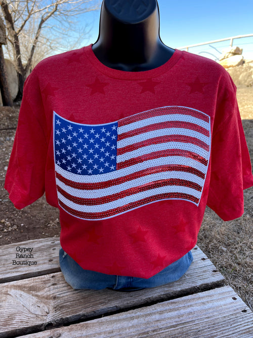 Sequin Flag Patch Red Star Top - Also in Plus Size