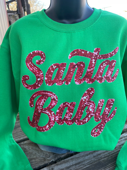 Santa Baby Faux Red Sequin Green Sweatshirt - Also in Plus Size