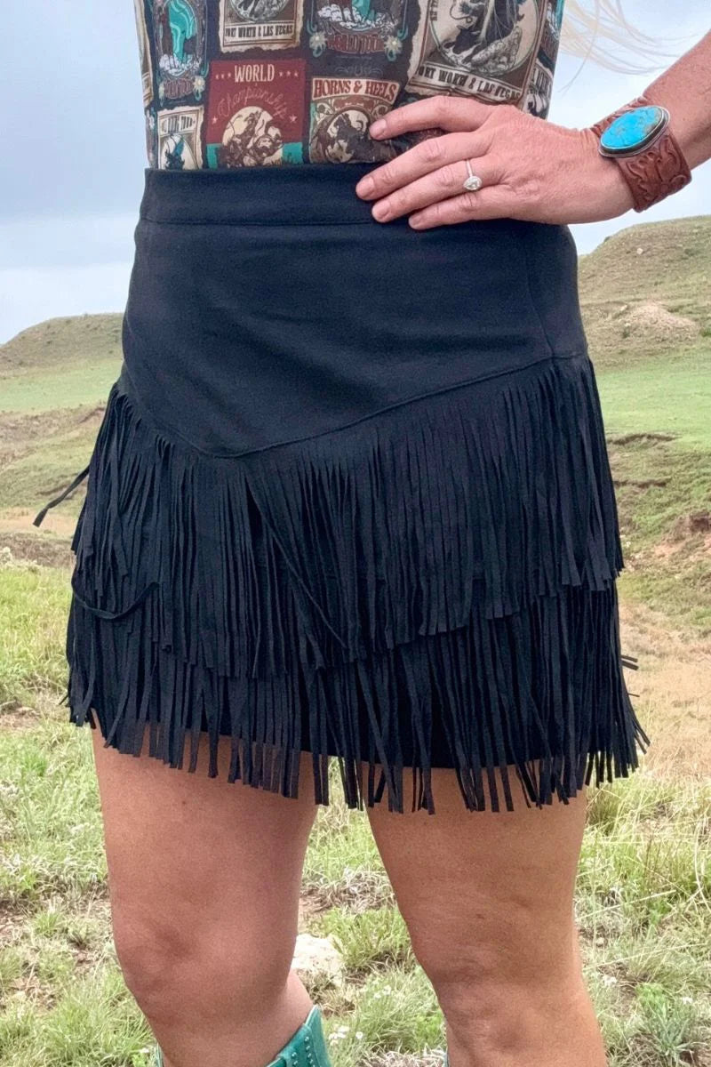 Fort Worth Black Fringe Skirt- Also in Plus Sizer
