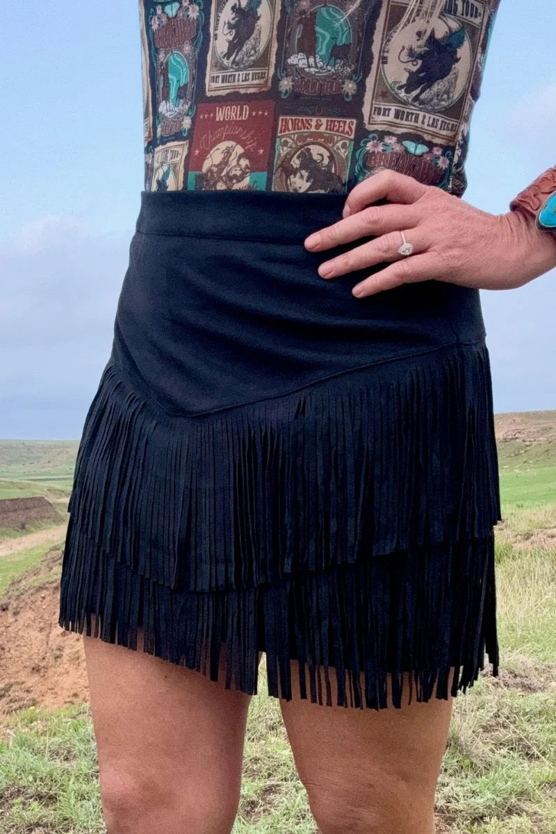 Fort Worth Black Fringe Skirt- Also in Plus Sizer