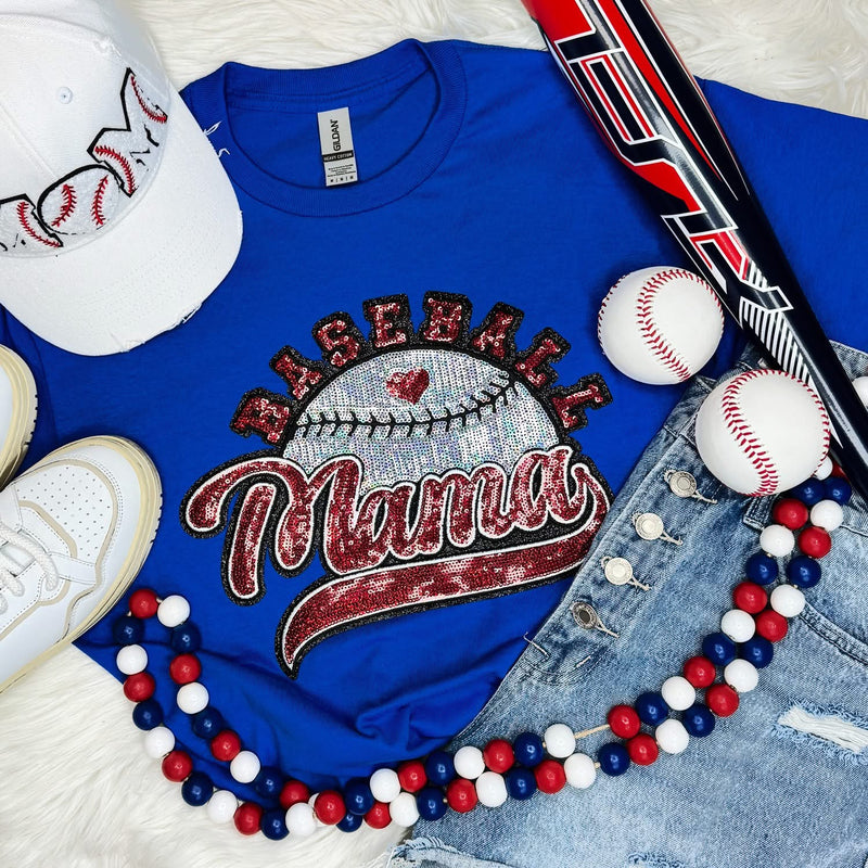 Baseball Mama Sequin Patch on Royal Blue Tee - Also in Plus Size