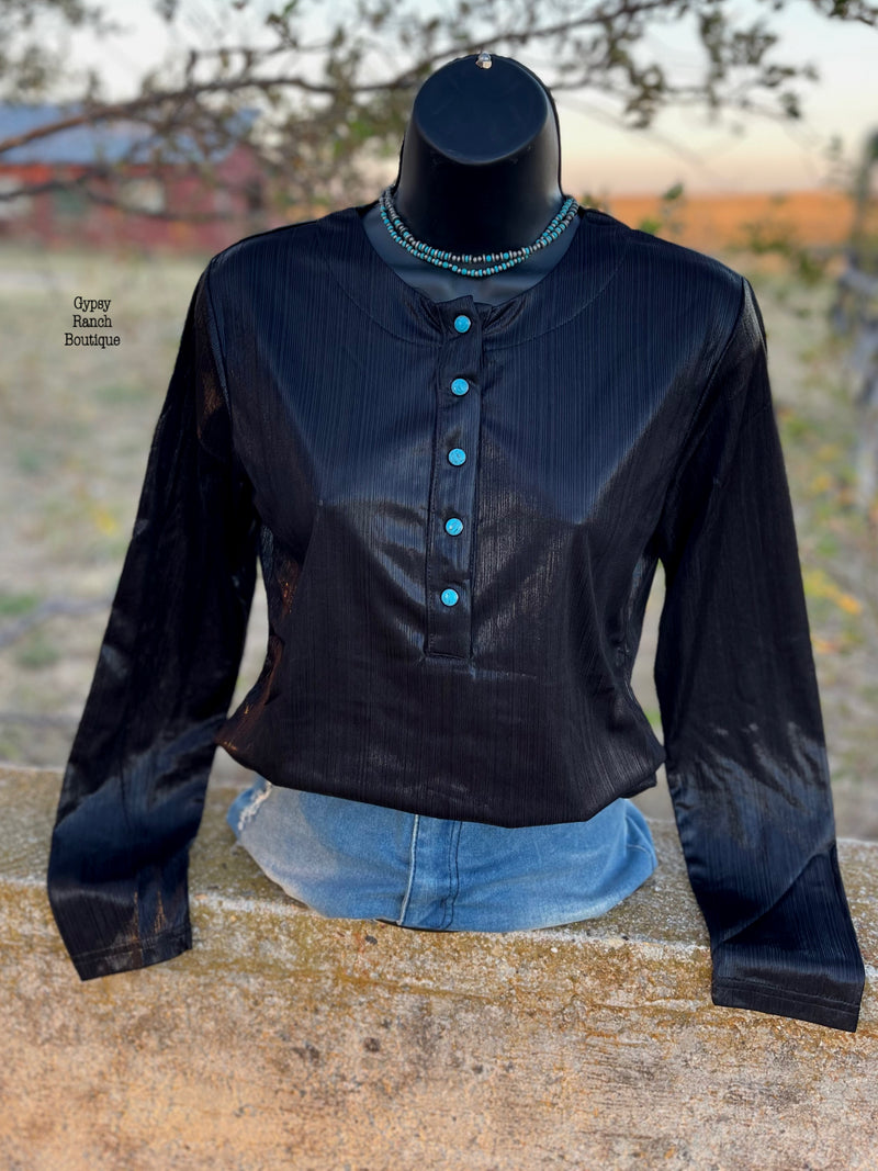 The Dixon Black Henley Turquoise Pearl Snap Top - Also in Plus Size