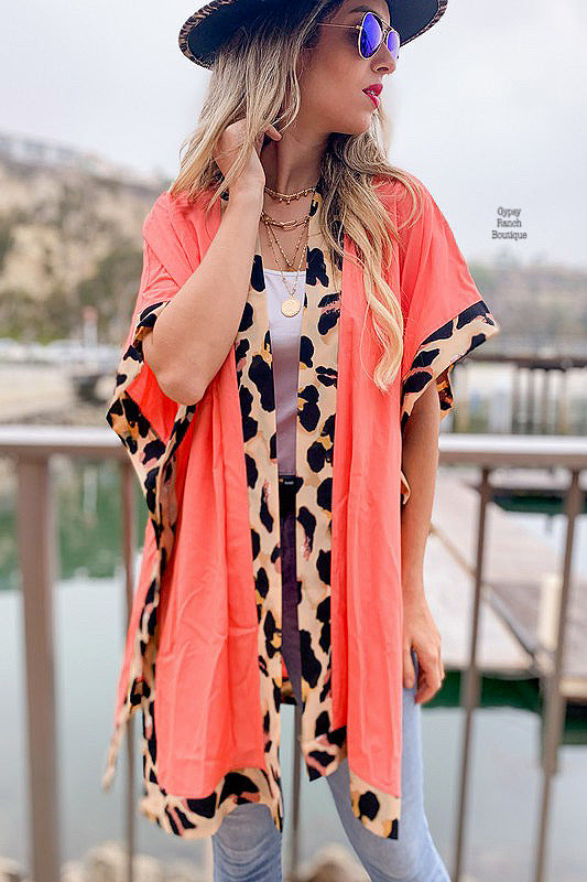 California Dreams Coral Leopard Cardigan Kimono - Also in Plus Size