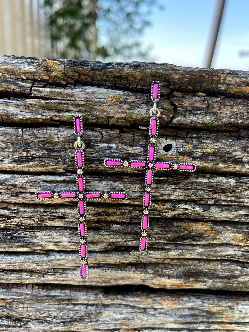 Taila Pink Cross Silver Earrings