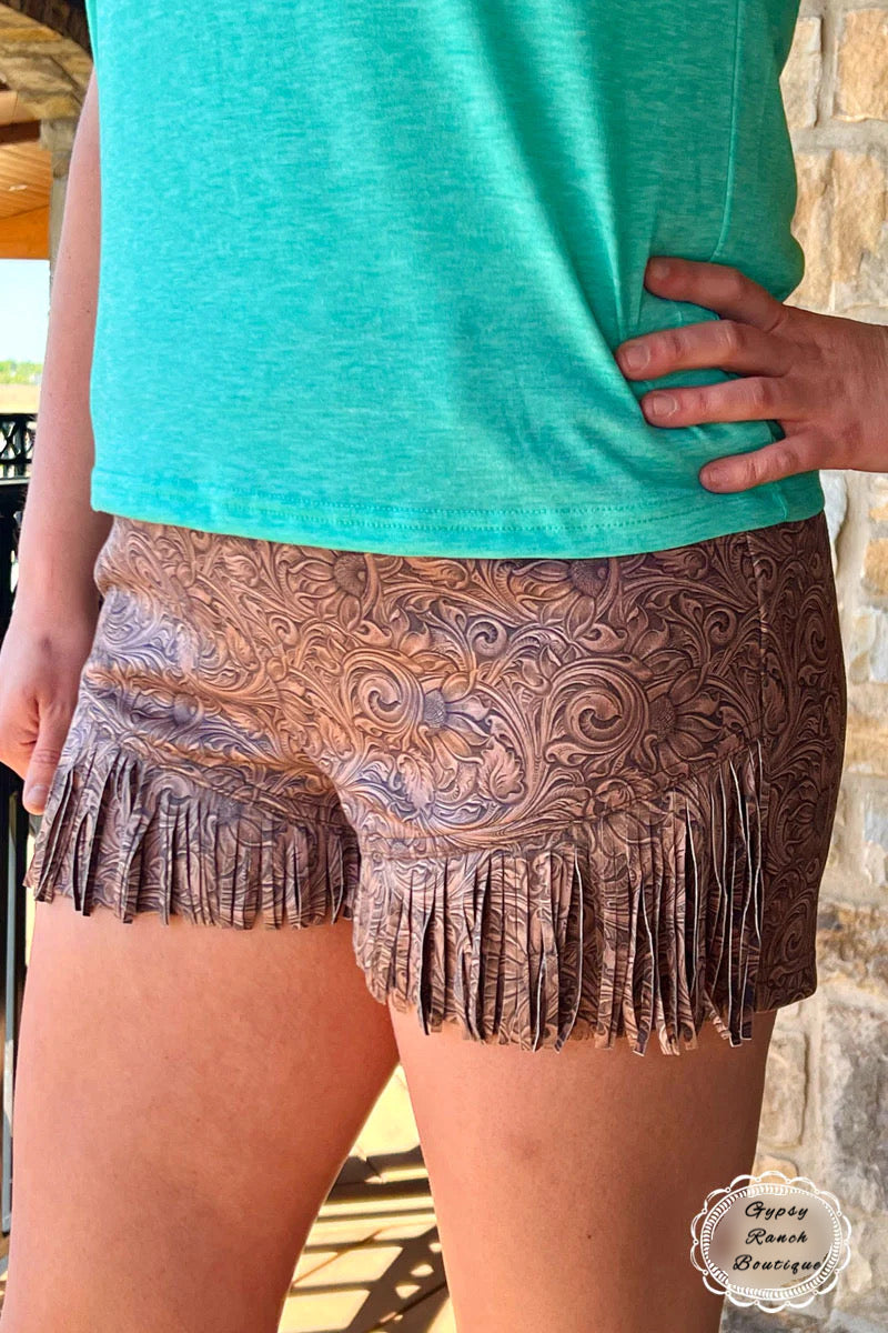 Rodeo Rendezvous Tooled Fringe Shorts - Also in Plus Size