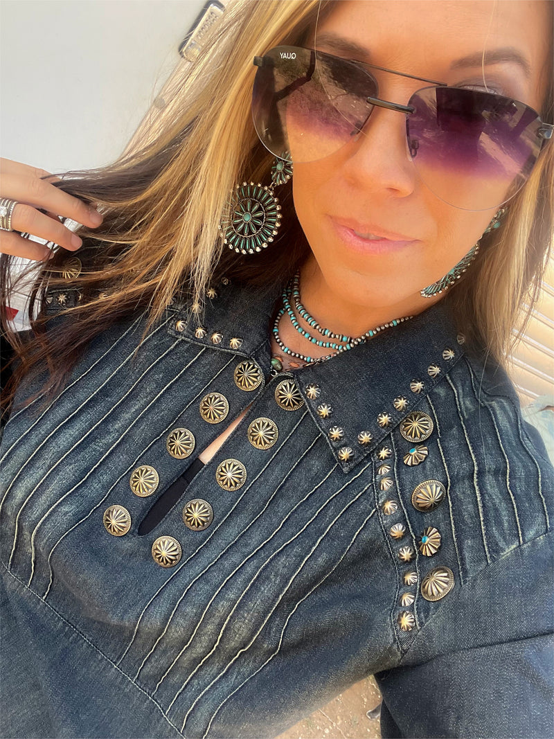 Blayke Concho & Turq Denim Button Up Top - Also in Plus Size