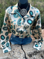 Rylan Turquoise Squash Blossom Button Up Top