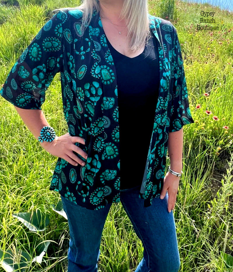 South Fork Turquoise Squash Blossom Caridgan - Also in Plus Size