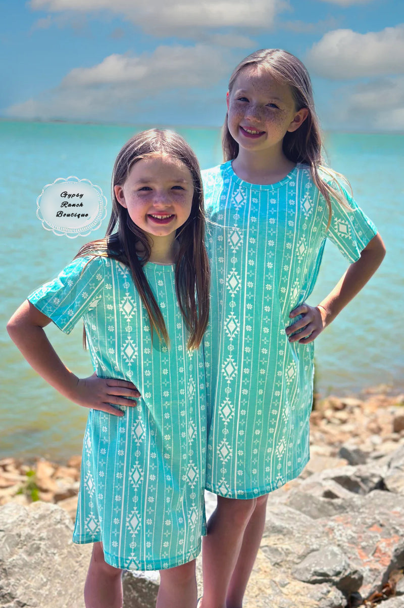 Kids - Walking in Turquoise Aztec Dress