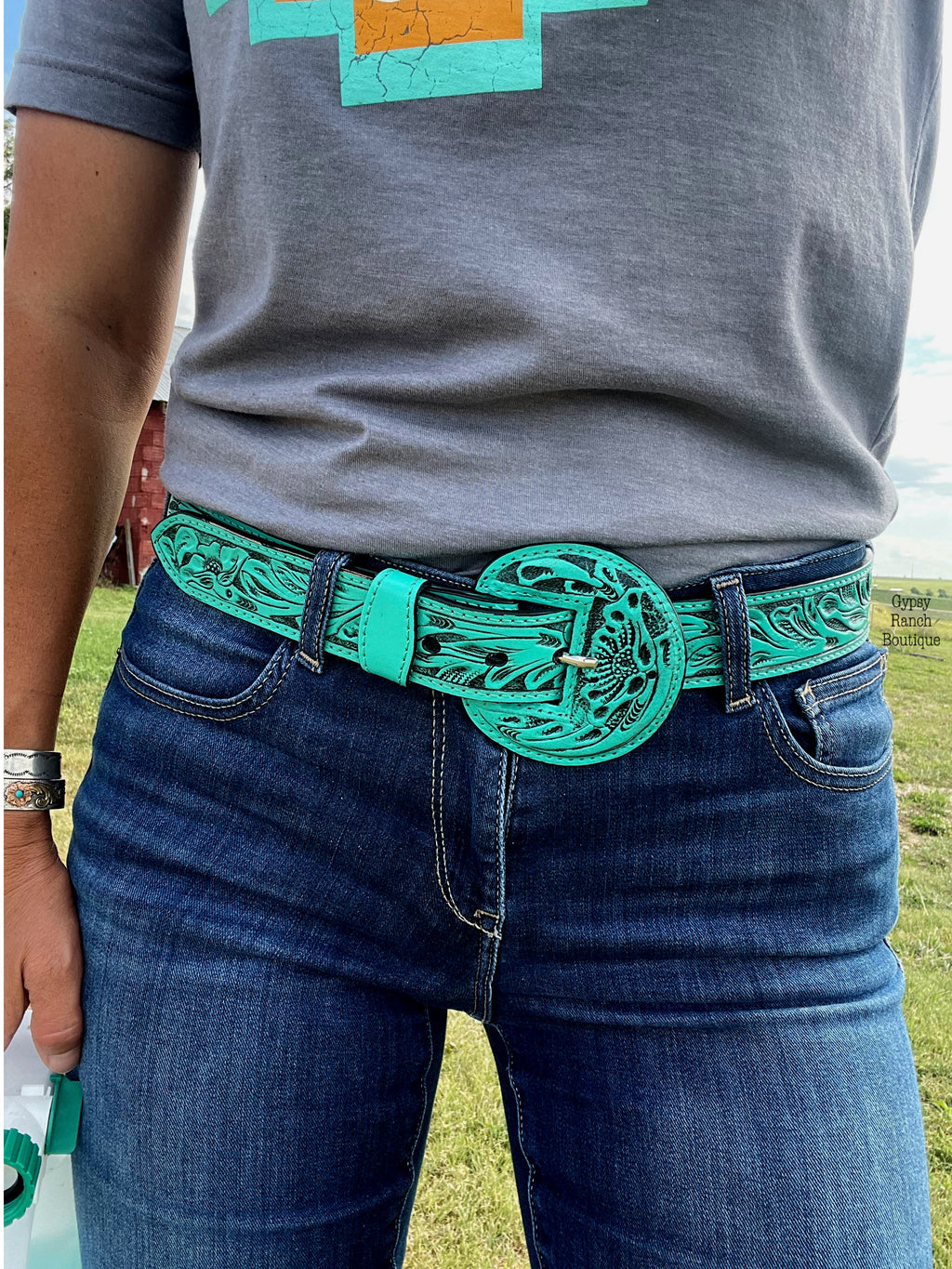Taos Turquoise Tooled Belt & Buckle – Gypsy Ranch Boutique display picture 1