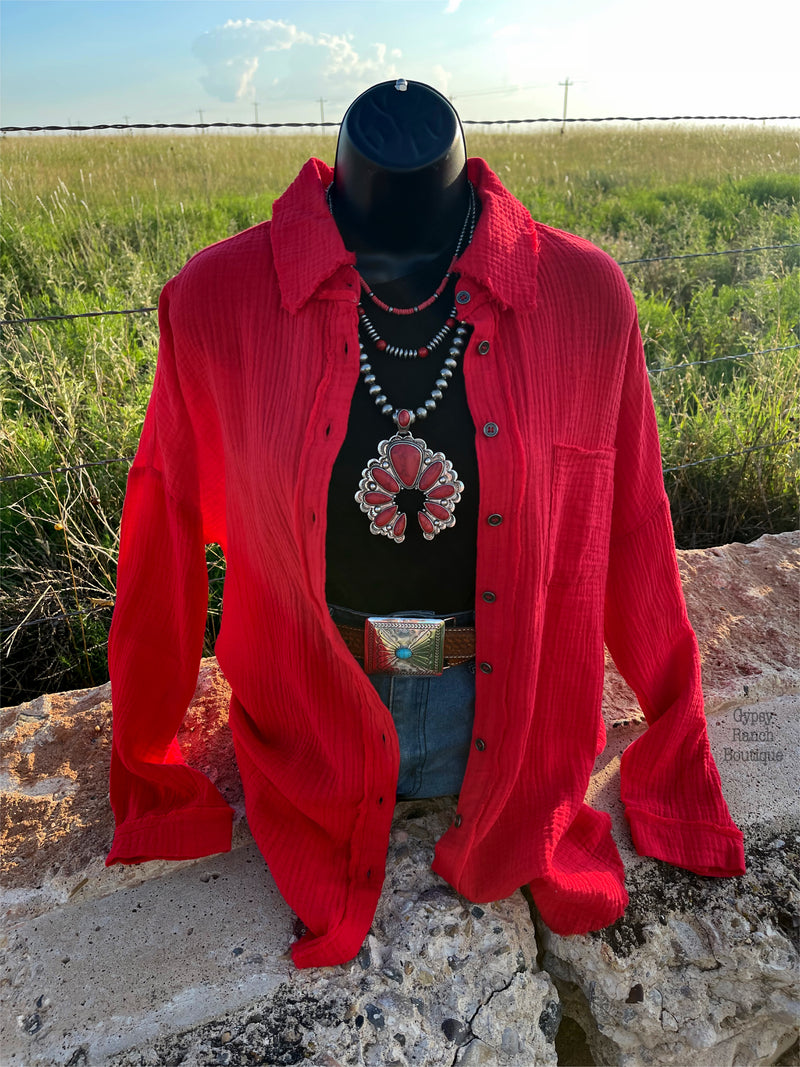 StageCoach Red Button Up Top  - Also in Plus Size