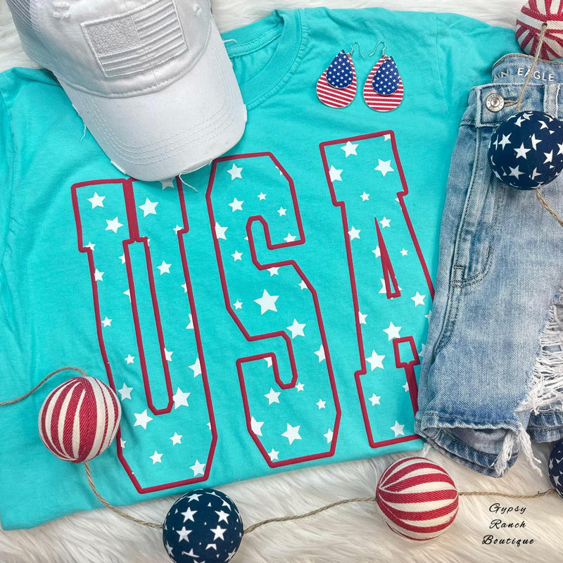USA Puff Print Aqua Tee- Also in Plus Size