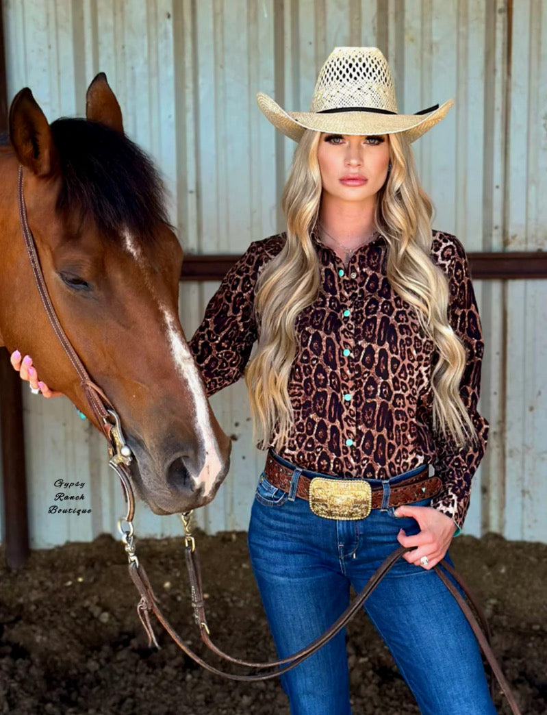 Arena Lights Leopard & Turquoise Pearl Snap Button Up Top - Also in Plus Size