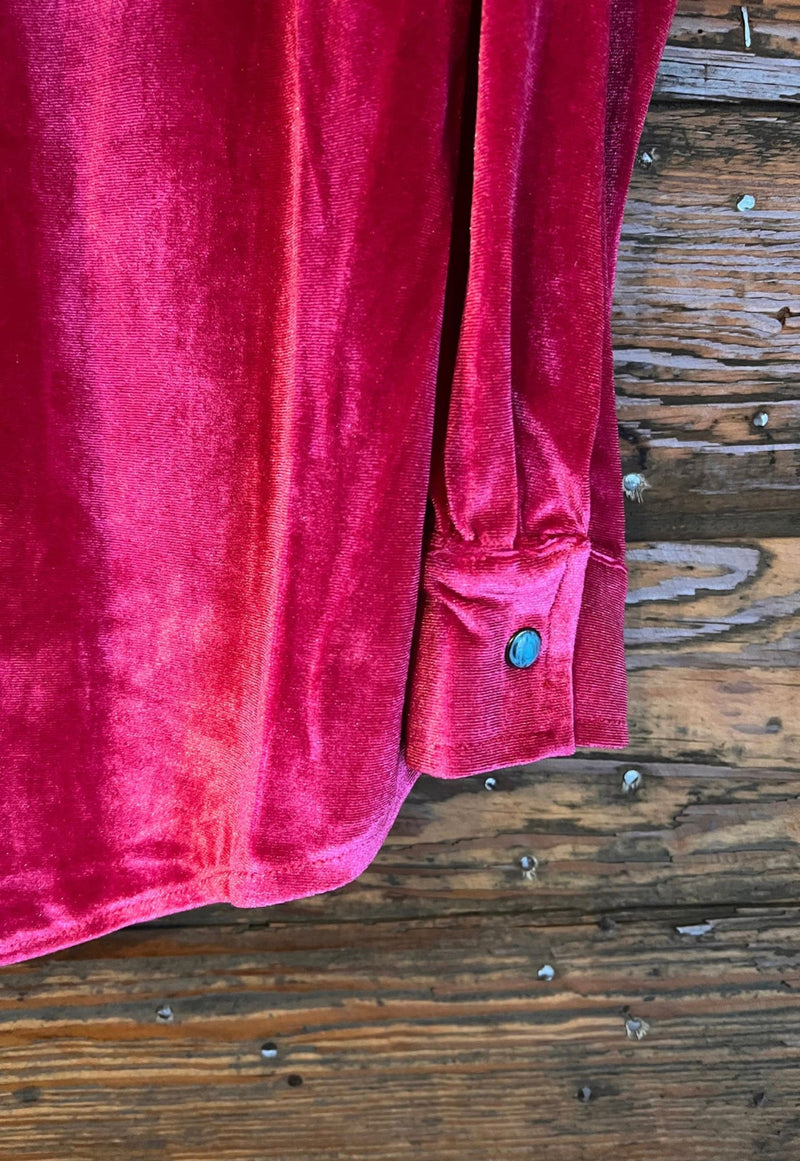 Fierce in Pink Velvet Turquoise Pearl Snaps Button Up Top - Also in Plus Size