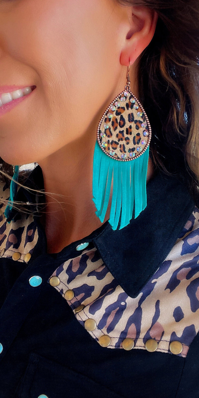 Miranda Leopard Turquoise Fringe Earrings