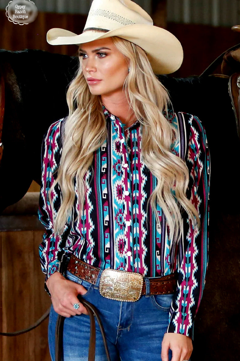 The Rodeo Trail Pearl Snap Button Up Top - Also in Plus Size
