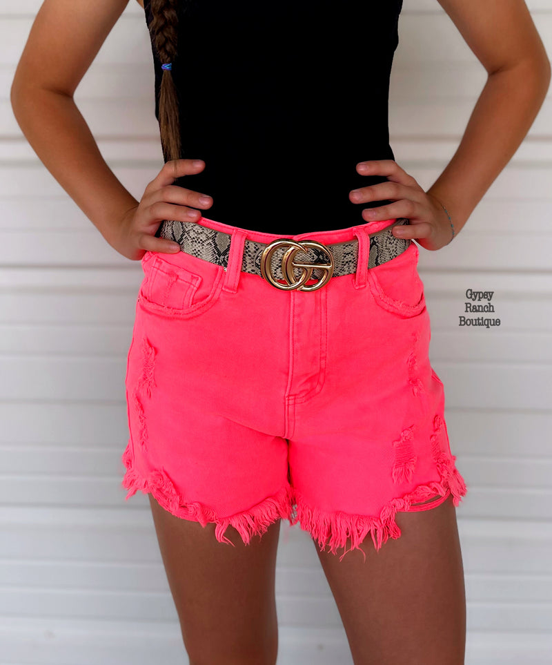 Risen Neon Coral Distressed Denim Shorts - Also in Plus Size