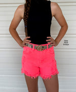 Risen Neon Coral Distressed Denim Shorts - Also in Plus Size