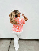 Coral Gingham Detailed Sleeve Top