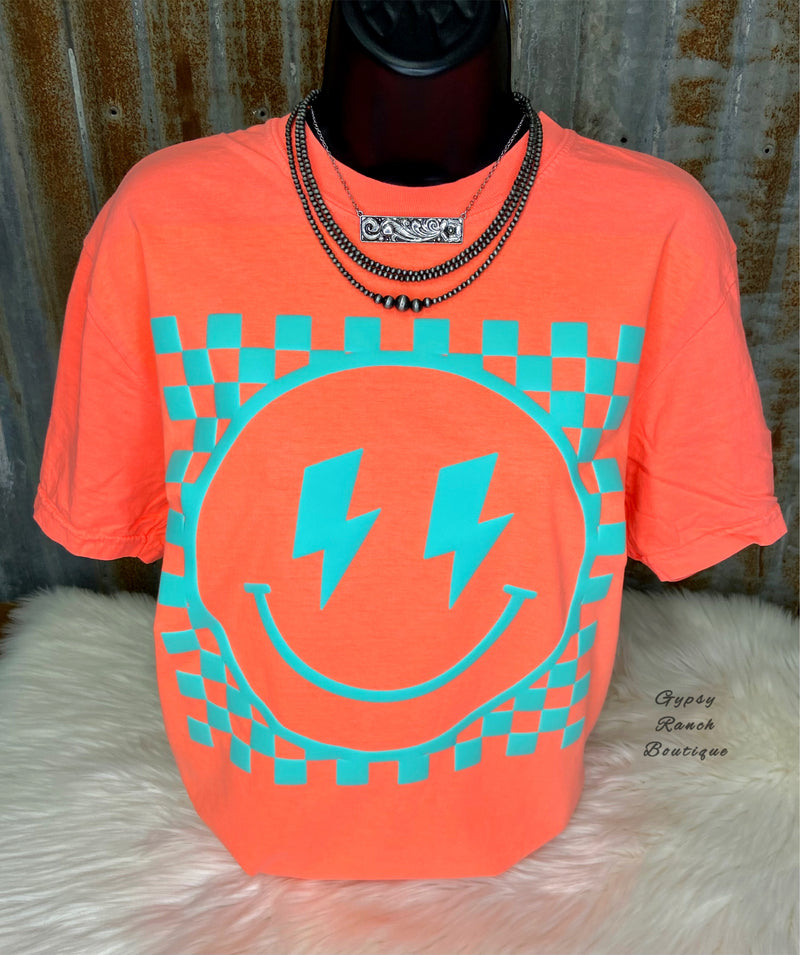 Just Be Happy Puff Print Neon Coral Top - Also in Plus Size