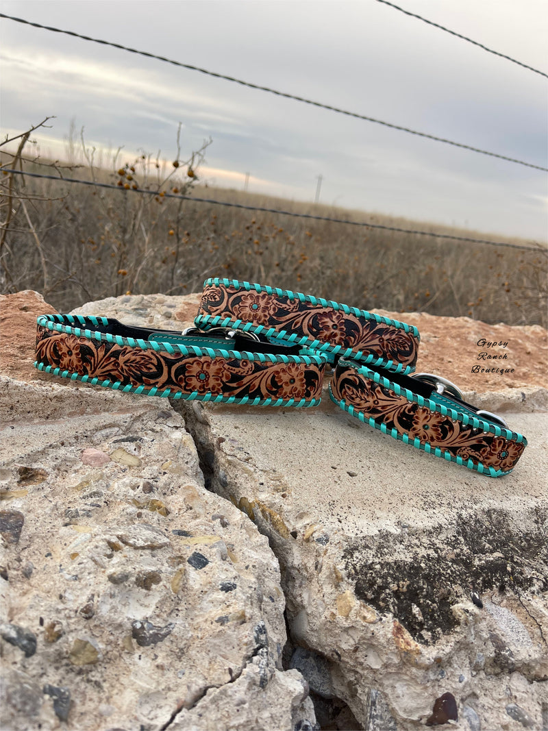 Tooled Turquoise Buckstitch Dog Collar